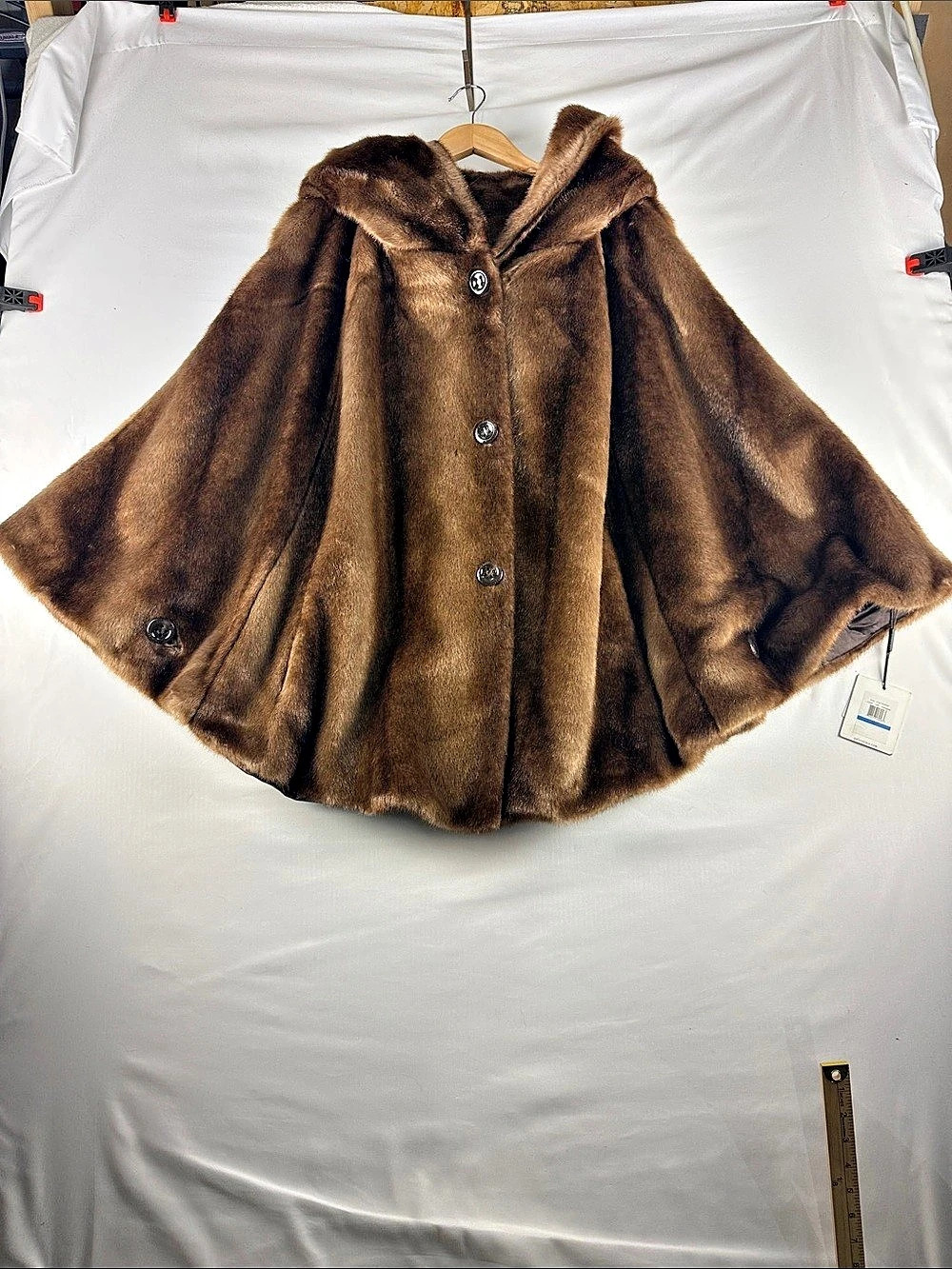 Calvin Klein Luxurious Hooded Faux Fur Cape Cloak Jacket Brown XL NWT